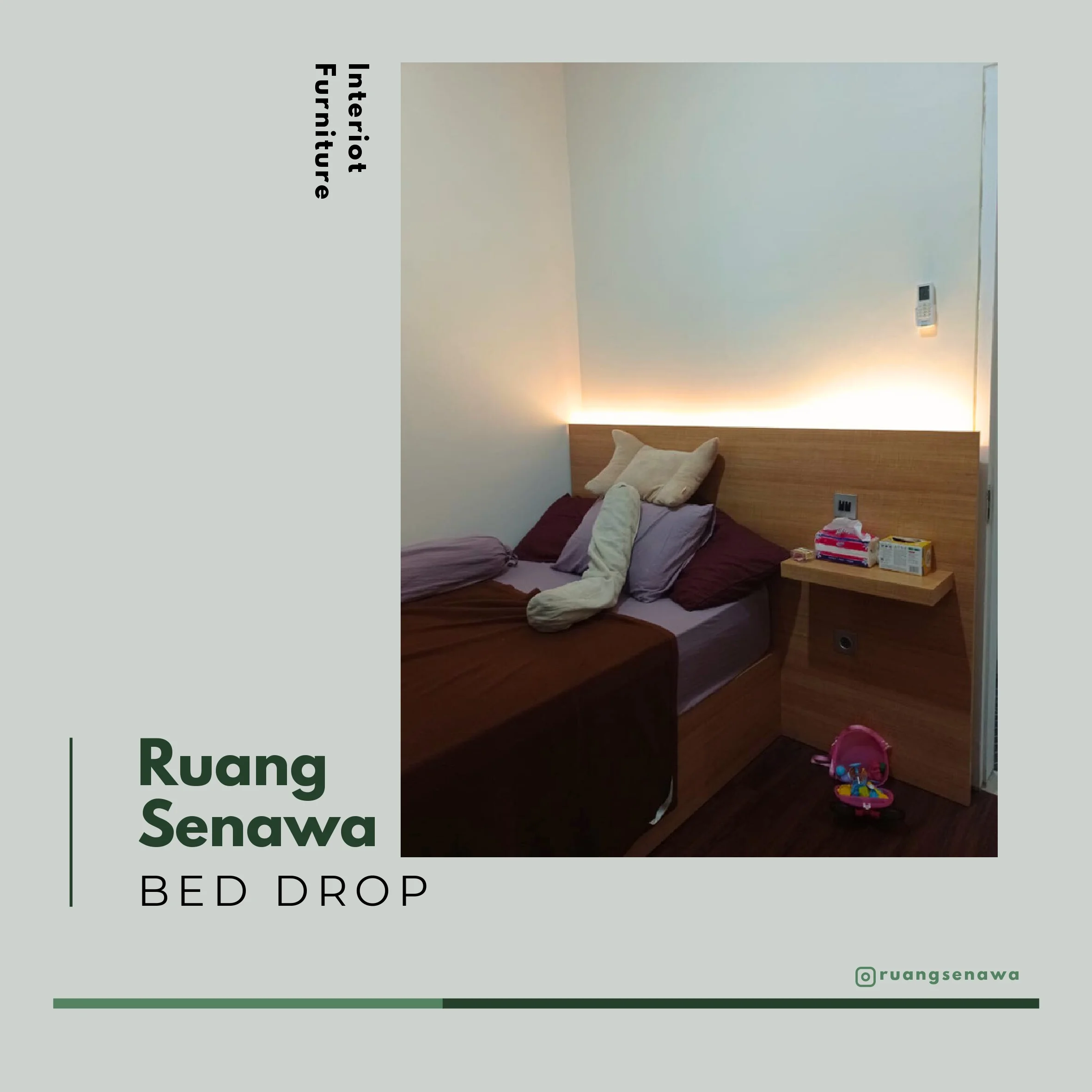 Bed Drop Kamar Anak — Single bed kamar tidur anak dengan rak gantung kayu fungsional Kota Palu Ruang Senawa